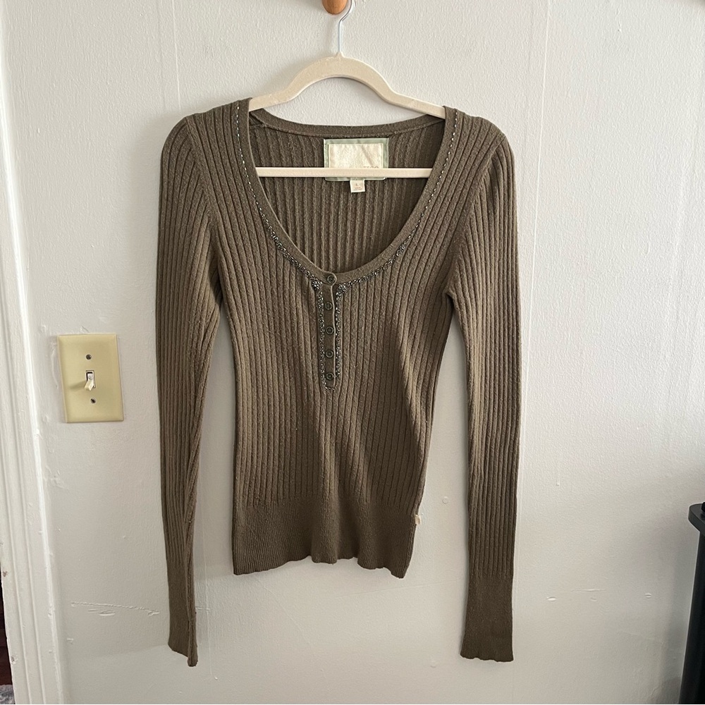 Hollister Size L Vintage Y2K 2000s Green Bella Swan Style V-Neck LS Top Beaded